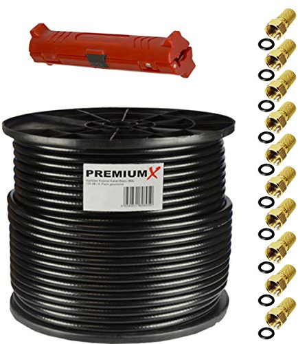 Premium X 100m Basic Koaxialkabel schwarz 135dB 4-Fach SAT TV Koax-Kabel Antennenkabel Entmanteler 10x F-Stecker 0,36 EUR/m