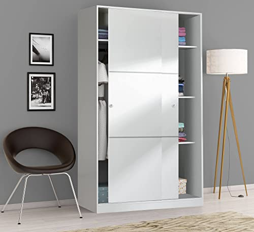 Dmora - Kleiderschrank 2 Türen Waterbury, Schlafzimmerschrank, Schrank mit 4 Regalen und Kleiderstange, 120x50h200 cm, Weiß