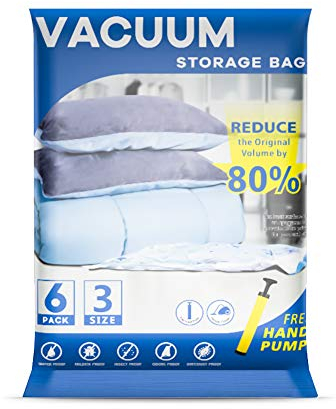 UOUNE Vacuum Storage Bags, 6-Pack (2 Jumbo, 2 Large, 2 Medium) Reusable Space Saver Bags Vacuum Compression Zipper Storage Bags with Airtight Valve and Hand Pump,Work with Vacuum Cleaner