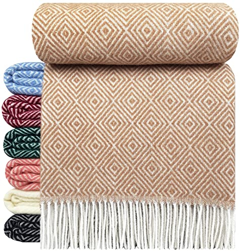STTS International Wolldecke 100% Schurwolle Wohndecke 140 x 200 cm Tagesdecke Schurwolldecke Woll-Plaid Tirol in vielen Farben erhältlich (Beige-Sand)
