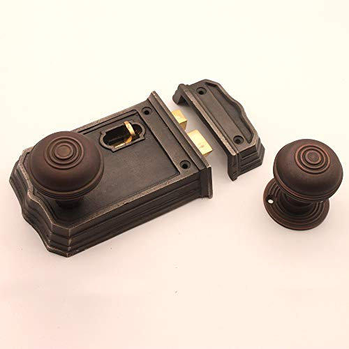 Infinity Decor Gothic Old Vintage Style Cast Iron Large Rim Bathroom & Bedroom Door Latch Lock with Choice of Aged Bronze Rim Knobs Set (Rim Lock + Bloxwich Small Knob)