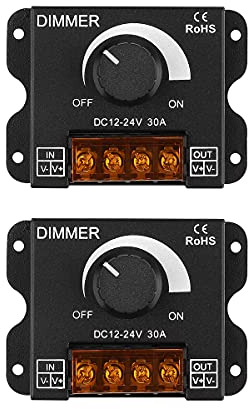 2er-Pack LED-Lichtleisten-Dimmer,DC 12V-24V 30A PWM-Dimmer-Controller,Dimmerknopf zum Einstellen der Helligkeit EIN/AUS-Schalter,mit Aluminiumgehäuse,für einfarbiges Lichtband