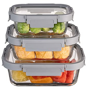 HOCHSTE Glass Food Storage Container Set with Glass Lids (3 Pcs Set)- Healthy Meal Prep Boxes with Airtight Lids Dishwasher, Oven, Microwave & Freezer Friendly - BPA Free Glass Storage Set