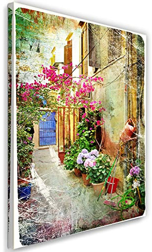 Feeby Vlies Leinwandbild Altes Mietshaus Enge Straße Blumen Toskana Italien 20x30 cm Wand Bild Kunstdruck Deko Wohnzimmer Wohnungs Deko Ziegelwand Pflanzen Fenster Pforte Beige