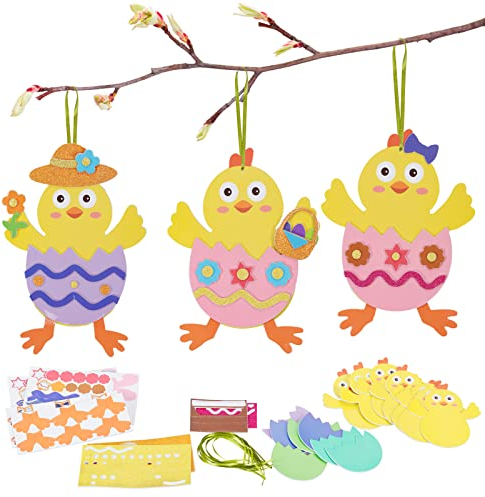 DKINY 12 Stück Ostern Küken Bastelset für Kinder Osterküken Mix & Match Deko Anhänger Kreative Kunst und Bastelbedarf zum Basteln mit Moosgummi Teilen Osterdeko zum Basteln für Ostern