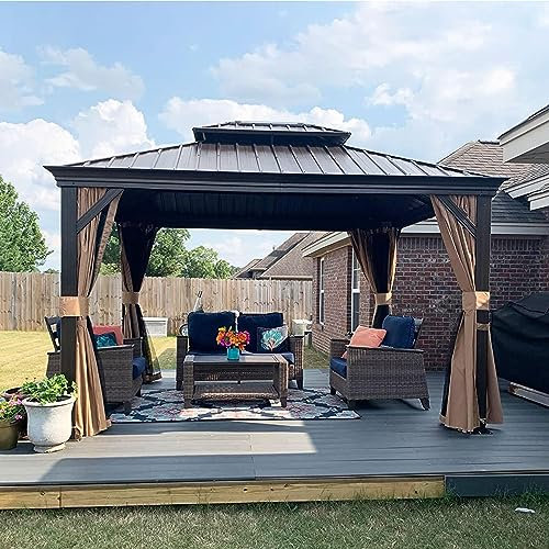 PURPLE LEAF Tonnelle de Jardin Exterieur 3,65 x 3 m Pergola Aluminium avec Moustiquaire et Rideaux Pavillon de Jardin à Double Toit Acier Galvanisé, Bronze