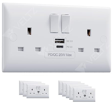 USB C Socket | 20W PD USB C & 18W QC 4.0 USB A | Super Fast Charging | VELTZ Pro | Double Plug Wall Socket 13A 2 Gang | White