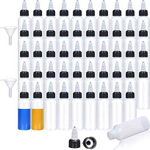 Honeydak 50 Pcs 2 oz Squeeze Bottles Dispensing Bottles Plastic Squeeze Bottles with Twist Cap Small Clear Squeeze Bottle Round Bottles with 2 Funnels for Kitchen Household Home