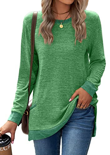 Famulily Autumn Winter Tops Women Crewneck Sweatshirt Long Cotton Jumpers Long Sleeve Tops with Pockets Green XXL