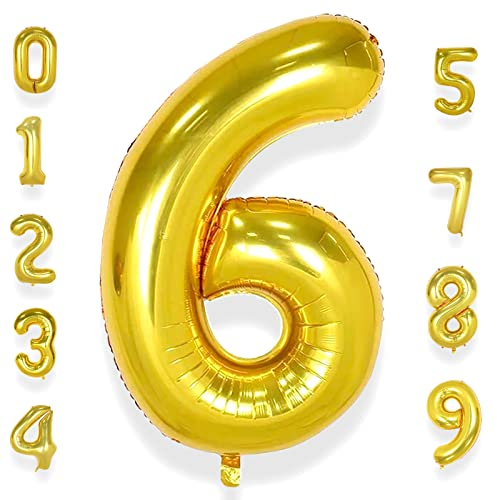 AULE Luftballon Zahl 6 Gold: XXL 101 cm Folienballon Geburtstag Gold 6 Jahre Zahlen 40 Zoll Helium Ballon Kinder Junge Mädchen Zahlenballon für Babyparty Jubiläum Deko