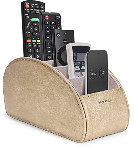 molshine Remote Control Holder with 5 Compartments,Pu Leather Office Organization Storage Caddy Box for Tv Remote,Heater Controllers,Media Player,Office Supplies,Makeup Brush (Beige Gray)
