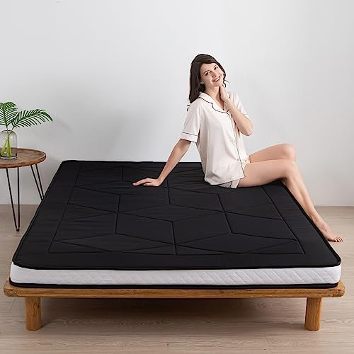 Maxyoyo Futonmatratze, dicke Bodenmatratze, für Erwachsene, aufrollbare Schlafmatratze, Campingmatratze, japanisches Futonbett mit stereoskopischem geometrischem Muster (Schwarz, Doppelbett)