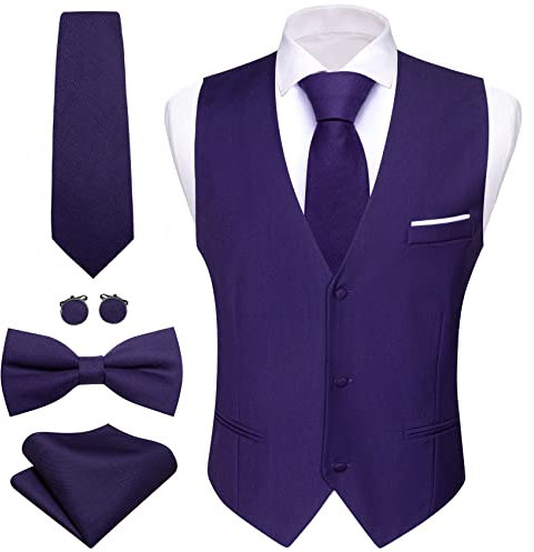 Barry.Wang Chaleco formal para hombre, cuello en V, ajustado, casual, color sólido, corbata de moño, para boda, fiesta, traje de esmoquin, Morado Oscuro, M