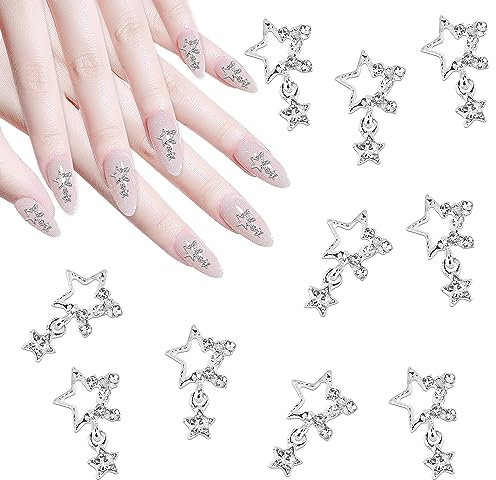 WLLHYF Star Nail Charms 10 Pcs 3D Nail Rhinestones Shiny Gems Crystal Silver Diamonds Color Nail Charms Nail Art Decorations Jewels for Nails Design