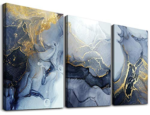 MHARTK66 Blau Gold Marmor Abstrakte Bilder, Marineblau und Weiß Marmorstruktur Wandbilder Wohnzimmer Moderne Kunstdrucke Dekoration, Wasserfestes Gemälde Schlafzimmer Badezimmer Esszimmer und Büro