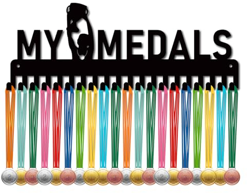 CREATCABIN Meine Medaillen Medaillenhalter Display Tanz Medaillenaufhänger Rack Sport Metall Hängende Auszeichnungen Eisenmontage Dekor Mit 20 Haken Für Laufen Gymnastik Schwimmen Schwarz 40x15cm