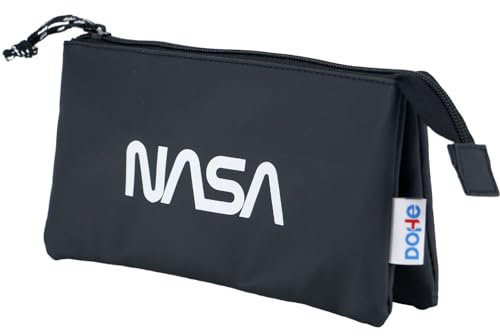 DOHE - Schulmäppchen 3 Fächer - Reißverschluss, offiziell lizenziert, strapazierfähiges Polyester, 23x12x2,5 cm, Schulmaterial - NASA Black - Schwarz