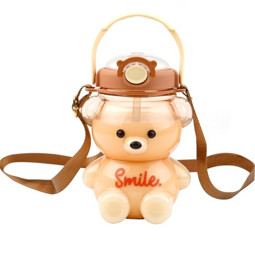 BRTNUP Kawaii Water Bottle Bear Bottle 1000ml Cute Bear Water Bottle with Straw Leak-Proof Portable Novelty Drinking Bottle with Shoulder Strap for Kids Girls Women Travel Sports School (Brown)