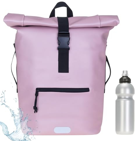 Elephant Rucksack Herren Plane Time Bag Kurierrucksack Roll-Top Fahrradrucksack Sport Fitness Damen 23 Liter A4 12821 + Flasche (Rosa Metallic 13074)