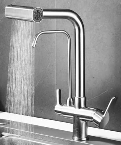 KINKIBOS 3 Wege Wasserhahn Ausziehbar Küche für Wasserfilter, 4 Modi Mischbatterie Küche, Messingkörper, 360° Drehbar, Trinkwasserhahn mit 2 Hebel, Chrom