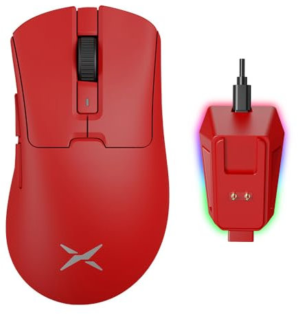 DELUX Ergonomische Gaming Maus Kabellos M900PRO, 8000Hz Polling Rate, 63g Leicht, PAW3395 Sensor, 26000DPI, Huano Schalter, mit Magnetischer Ladestation (Rot)