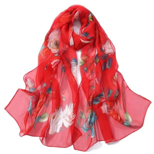 Orientalischer Schal Langer Druck-Schal-Simulations-Schal-Schal-Frauen-Verpackungs-Mode-weicher Seiden-Rosen-Schal Damen Schal Sommer Schwarz (Red, One Size)