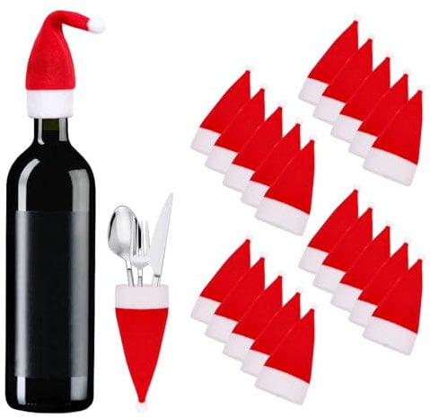 Fumwase Mini-Weihnachtsmannmützen, Besteckhalter, Weihnachtsmann-Weinflaschen-Abdeckung für Weihnachten, Tischdekoration, Mini-Weihnachtsmannmützen, Großpackung für Bastelarbeiten, Weihnachten, Party,