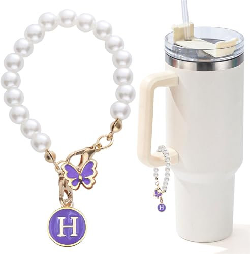 LUHOHI Abalorio de letra para taza Stanley, accesorios de cadena de perlas, dijes iniciales de copa Stanley para decoración de asas, botella de agua, joyería, vaso, lindo adorno personalizado con