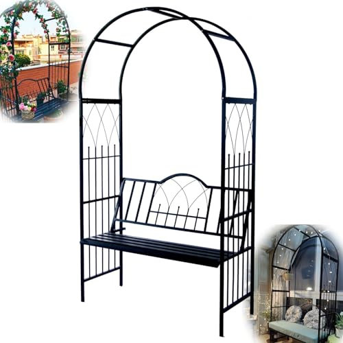 Metal Garden Arch with Bench, 83x45x20.5 Garden Arbor Steel Trellis for Plants Support Roses Climbing Arch Garden Decoration Party Wedding Arch Easy to Assemble Pergola Arbor