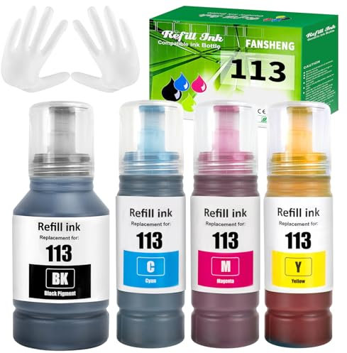 FANSHENG 113 Tinte kompatibel mit Epson 113 Tintenfehlflaschen für ET-16150 ET-16600 ET-16650 ET-15000 ET-5100 ET-5150 ET-5160 ET-5170 ET-5800 ET-5850 ET-5880 Pro ET-5800 Drucker (4 Pack BK/C/M/Y)