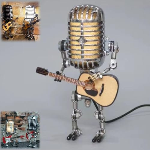 EHOTER Sherum Mic Rockbot, 2024 Vintage Microphone Guitar Robot Lamp, Music Gifts for Men, for Music Lovers, Vintage Light Home Decor Nightstand Desk Lamp for Bedroom, Music Studio (Yellow)