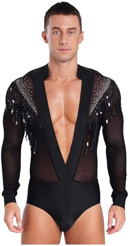 Runhomal Herren Gymnastikbody Transparent Tanz-Body V-Ausschnitt Ballsaal Samba Latein Body mit Mesh Langarm Performance Tanzkostüm Schwarz XXL
