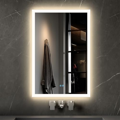 MIRROLIA badspiegel mit Beleuchtung, Sandstrahl-Design led Spiegel Bad, 3 Farbtemperaturen, Dimmbar, Entfogging, Memory-Funktion, Modernes Design, HD, Touch-Schalter