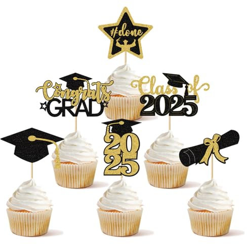 ENLACE Abschluss Tortendeko Graduation Cupcake Toppers,24 Stück Grade Cap Kuchendeko Schwarz Gold,Abschluss 2025 Deko Torten,Glitzer Graduation Congratulation Tortendeko Abitur 2025,Prüfung Bestanden
