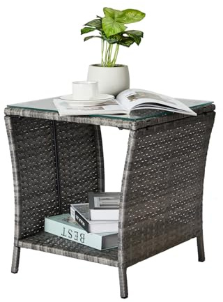 Bonnlo Garden Coffee Table, Small Grey Rattan Side Table, Weatherproof with Glass Top for Outside Balcony Conservatory, 46x46x50cm