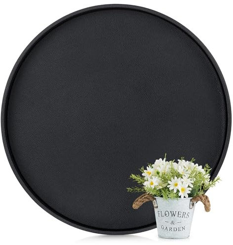 Hanobe Large Ottoman Tray for Serving: Black Modern PU Leather Tray for Coffee Table Footstool - 48cm Round Elegant Luxury Home Decor for Living Room Bedroom