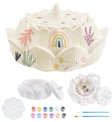 WEBEEDY DIY Jewelry Box Painting Kit Lotus Flower Pottery Painting Kits for Adults Beginner Unpainted Ceramic Jewellery Box Kit Paint Your Own Jewelry Boxes DIY Flower Treasure Box Kit Home Decor