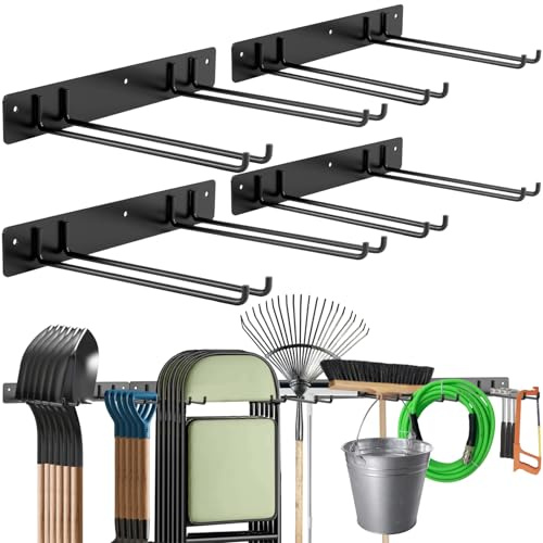 Sinoer Tool Organizer Wandhalterung, Garage-Aufbewahrungslösung, klappbarer Stuhlbeinhaufen, Gartengeräteaufbewahrungshaken, verlängerte Version, rostfrei, Tragfähigkeit 240 Pfund- 4-teiliges Set