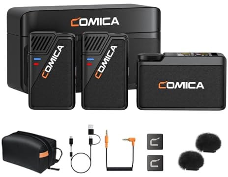 COMICA Micrófono de Solapa inalámbrico BooMax para cámaras y Smartphones. Micrófono de Solapa Dual de 2,4 G con Almacenamiento de 32 G y Pantalla táctil IPS para Vlogs, entrevistas y TikTok.