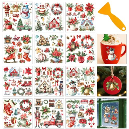 GOMAKERER 12 Sheets Christmas Rub on Stickers for Crafts and Furniture, 12 Styles Santa Poinsettias Wreath Transfer Stickers PVC Rub On Decals for DIY Home Window Craft Decor, 14x14cm
