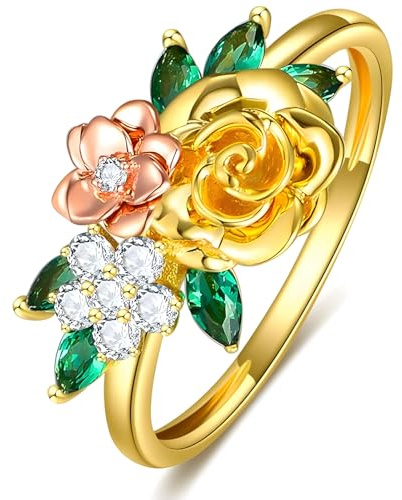 Rikelus Verlobungsringe aus 375/9 Karat Echtgold mit Rosenblüten für Damen, Ehering mit drei Moissanit-Blumen, Blatt-Versprechensband, Schmuckgeschenk zum Jahrestag und Geburtstag-Größe 56