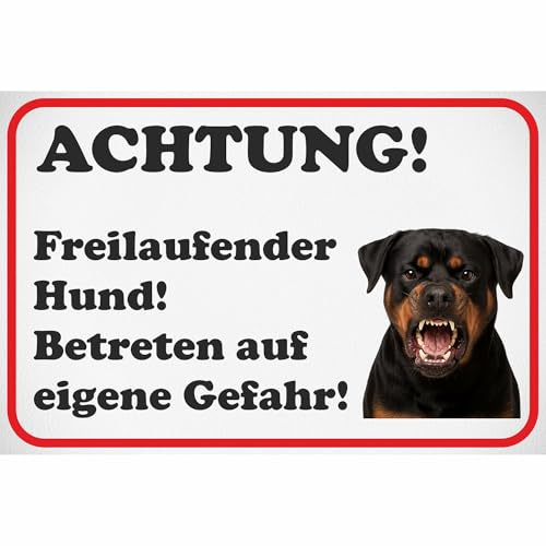 Kiwistar - Schild Rottweiler Hund 30x20 cm - Freilaufender Hund! - Funschild für Haus, Tür oder Gartenzaun - Alu Schild 0,5 mm wetterfest, lustiges Geschenk für Hundebesitzer