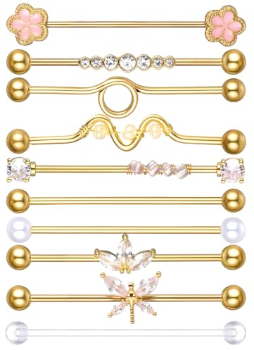 Tucnoeu 10 pièces de piercings industriels en barre en or, bijoux de perçage du corps en cartilage 45 mm 14 G pour femmes et hommes