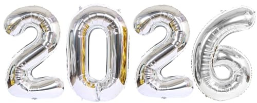 D2D Silvester 2026 Folienballons XXL Silber - 100 cm Zahlenballon DEKO-Artikel für Neujahres Party - Helium Ballons Jubiläum