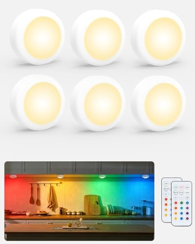 6 Stück Schrankbeleuchtung mit Fernbedienung, RGB 13 Farben LED Spots Weiß | kabellos unterbauleuchte batterie, dimmbare, timer, led vitrinenbeleuchtung puck lights für küche kleiderschrank Halloween