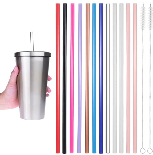 12 Stück Bunt Plastik Strohhalme 30 cm Trinkhalme Plastik Wiederverwendbar Gerade Plastikstrohhalme mit 2 Reinigungsbürsten