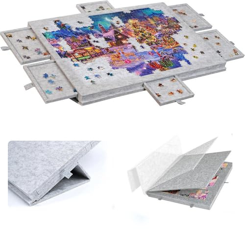Ccarzzi Tilting Jigsaw Puzzle Board, 1000 Pieces Lightweight Puzzle Board with 2-in-1 Designed Stand & Cover, Anti-slip Felt Jigsaw Board with 6 Drawers for Adults and Kids - Silver Gray