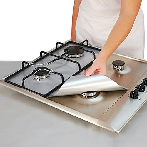 Gemini_mall® 4PCS Silver Gas Hob Protector Liner Sheets Reusable Non Stick Lining Clean (Silver)