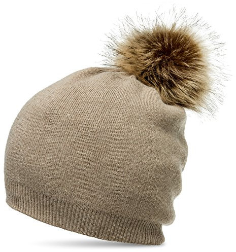 Caspar MU187 elegante Damen Feinstrick Mütze Bommelmütze mit Fellbommel, Farbe:sand, Größe:One Size