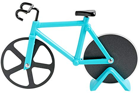 Fahrrad Pizzaschneider, Antihaftbeschichteter Edelstahl Pizzaroller mit Ständer (Himmelblau, 19cm * 12cm * 4 cm)